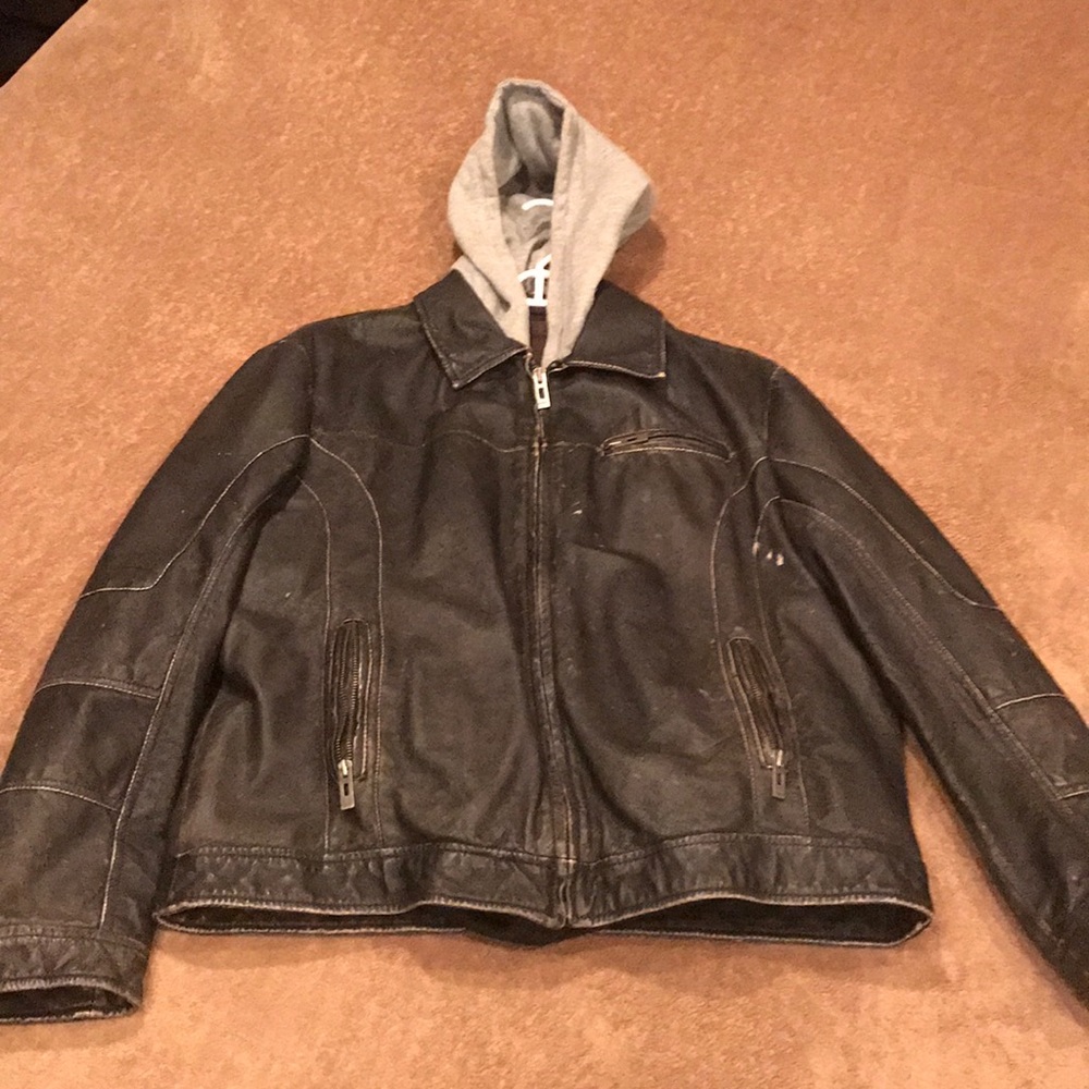Guess Men's Leather Jacket with removable hood